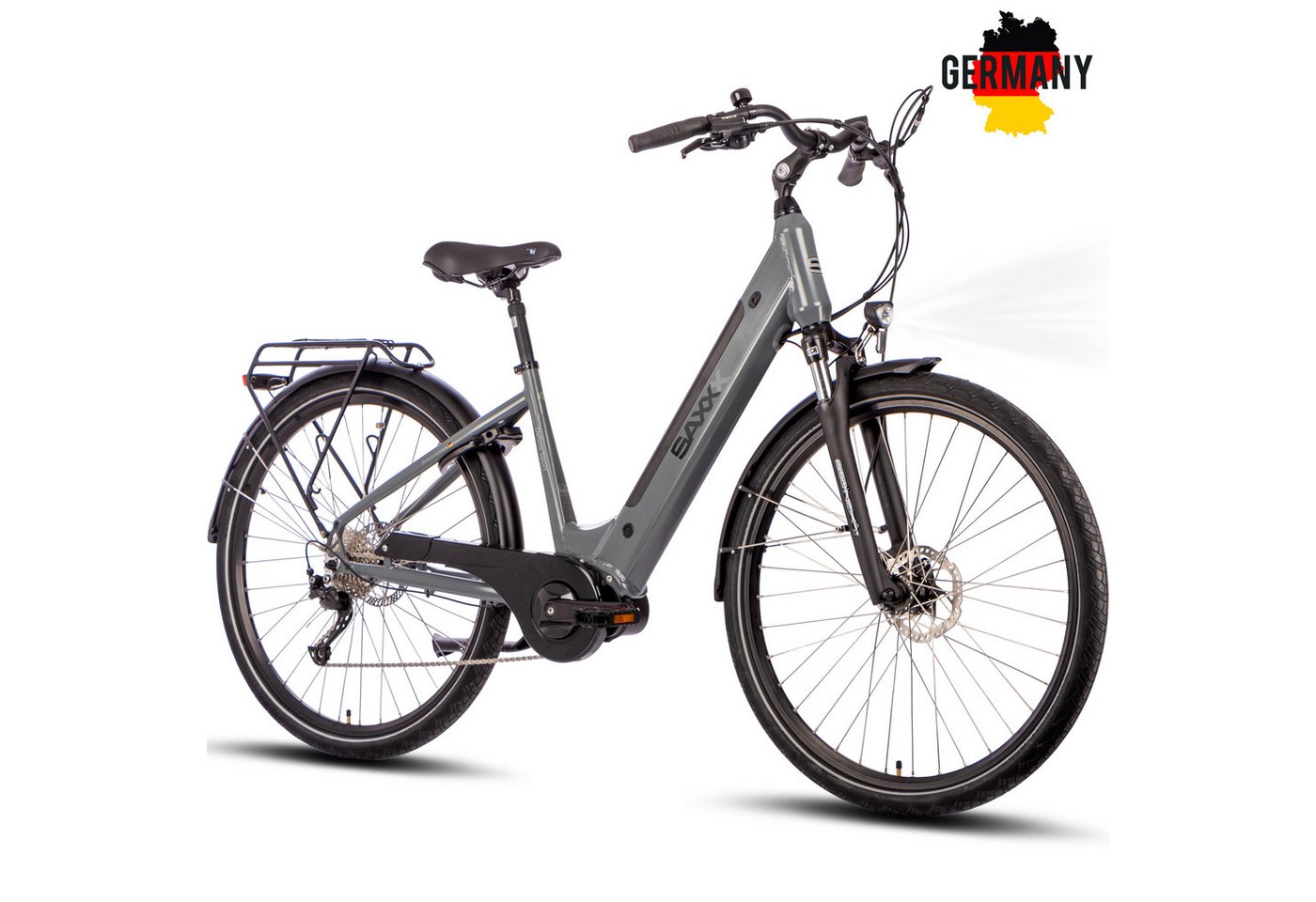 SAXXX E-Bike Cityrad Deluxe Sport Wave Citybike 28 Zoll für Damen und Herren, 9 Gang Shimano Alivio Schaltwerk, Kettenschaltung, Mittelmotor, 418 Wh, (mit Akku-Ladegerät, mit Akku-Schlüssel, mit Rahmenschloss), Elektrofahrrad mit 250W Motor und hydraulische Scheibenbremsen SAXXX E-Bike Cityrad Deluxe Sport Wave Citybike 28 Zoll für Damen und Herren, 9 Gang Shimano Alivio Schaltwerk, Kettenschaltung, Mittelmotor, 418 Wh, (mit Akku-Ladegerät, mit Akku-Schlüssel, mit Rahmenschloss), Elektrofahrrad mit 250W Motor und hydraulische Scheibenbremsen von SAXXX