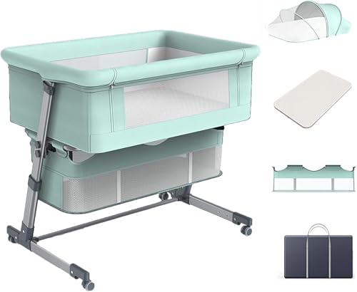 SAYEYBU 3-In-1 Babybett, Mit Verstellbarer HöHe, Stubenwagen FüRs Bett, Mit Aufbewahrungskorb, Atmungsaktive Matratze, Baby-Stubenwagen FüRs Bett, FüR Neugeborene,Grün von SAYEYBU