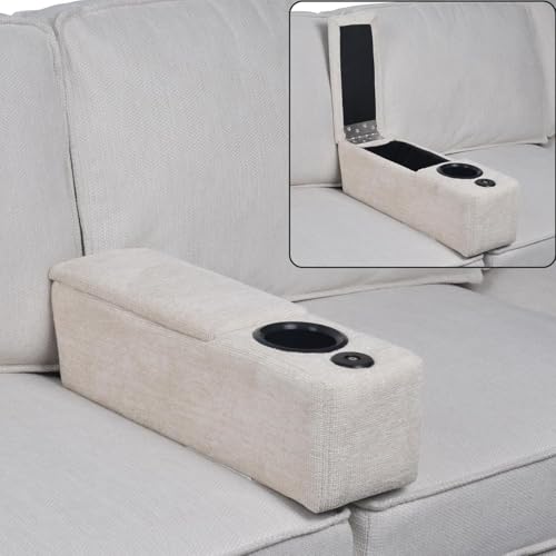 SAYEYBU Multifunktionale Sofa-Armlehne, Couch-Armlehne Mit GeträNkehalter, Abnehmbarer Sofa-Caddy Mit Stauraum, Ausgestattet Mit Led-Leselampe Und Kabellosem LadestäNder,Beige von SAYEYBU