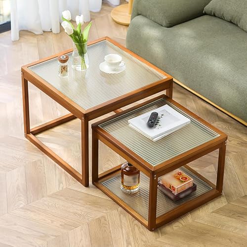 SAYEYBU Quadratische Couchtische Aus Glas, Sofa-Beistelltische, Moderner Stapelbarer Akzenttisch, FüR Wohnzimmer, Schlafzimmer, Balkon, Garten,Braun,03 von SAYEYBU