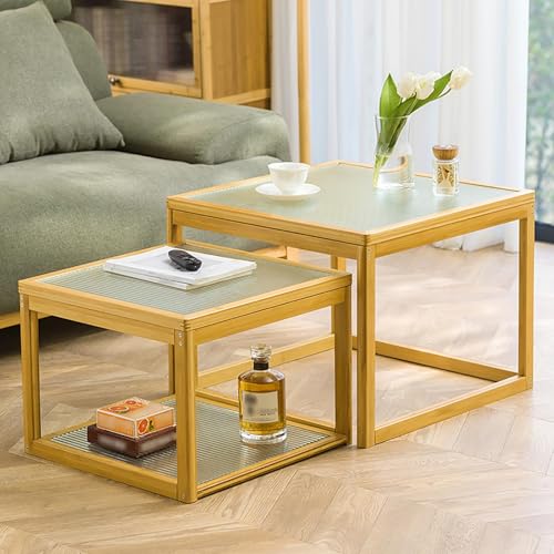 SAYEYBU Quadratische Couchtische Aus Glas, Sofa-Beistelltische, Moderner Stapelbarer Akzenttisch, FüR Wohnzimmer, Schlafzimmer, Balkon, Garten,Original Wood,03 von SAYEYBU