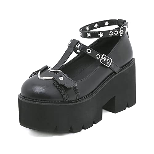 Damen Mary Jane Schuhe T-Strap Chunky Heel Goth Platform Lolita Schuhe Round Toe Kleid Uniform PU Leder Pumps Schuhe,Schwarz,36 von SAndal