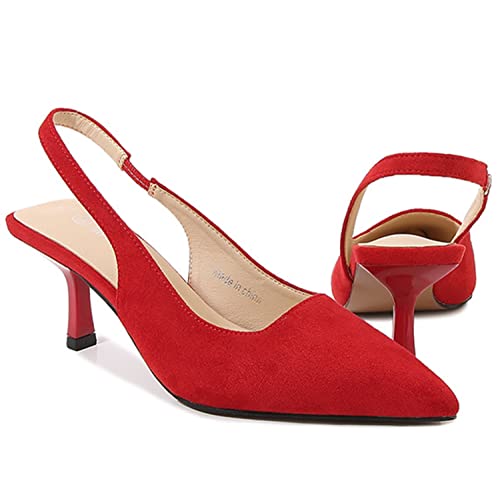 Damen Wildleder Slingback Kitten Heel Spitze Geschlossene Zehe Kleid Pumps Schuhe Slip on Bequeme Lässige Formelle Arbeitskleidung Brautschuhe,Rot,43 von SAndal