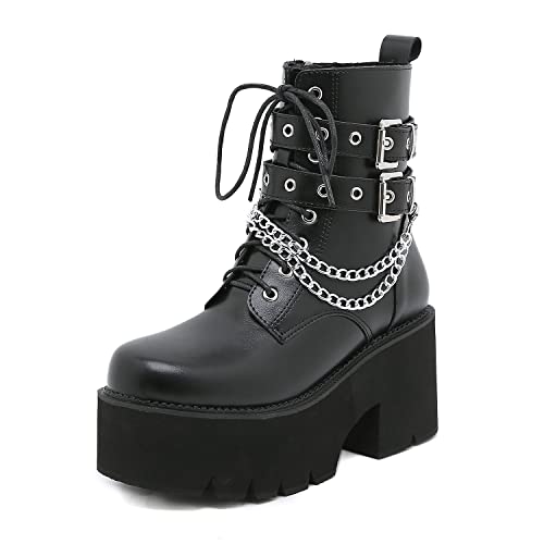 SAndal Damen-Ketten-Plateau-Stiefel mit Schnürung und Reißverschluss, klobiger Absatz, Schwarze Stiefeletten, modische Nieten-Motorradstiefel, Punk, runde Zehen, rutschfeste Kampfstiefel,Schwarz,36 von SAndal