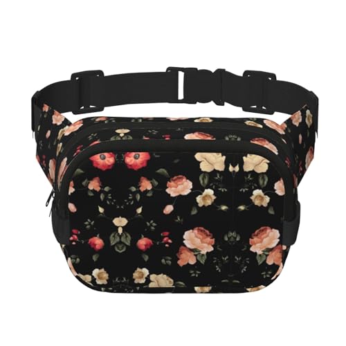 Gürteltasche mit Blumenmuster, quadratisch, doppellagig, mit verstellbarem Riemen, Laufen, Reisen, Wandern, Schwarz , Einheitsgröße von SCAUA