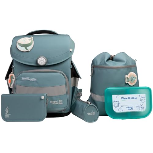 SCHOOL-MOOD Timeless Pro Schulranzenset 7-teilig 23,5L Stauraum, ergonomisches Easy Fit System für 1 m bis 1,50 m Körpergröße, standfest, wasserdichter Stoff mit Reflektoren (Delfin Ocean Collection) von SCHOOL-MOOD