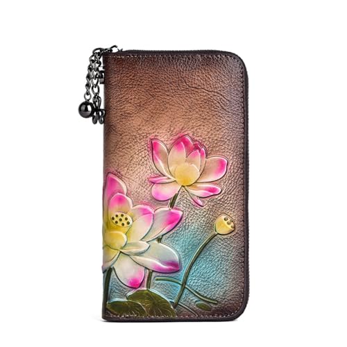 SCWZZWSY Echtleder-Geldbörsen für Damen, modische Lotus-Prägung, Clutch-Geldbörse, Lange handgefertigte Kartenhalter, Organizer (Farbe: B) von SCWZZWSY