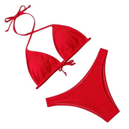SDAFSV Bikini Damen Set 2 Pack Bikini Anzug Feste Farbe Badeanzug Frauenstrand Badeanzug-rot-m-2pc von SDAFSV