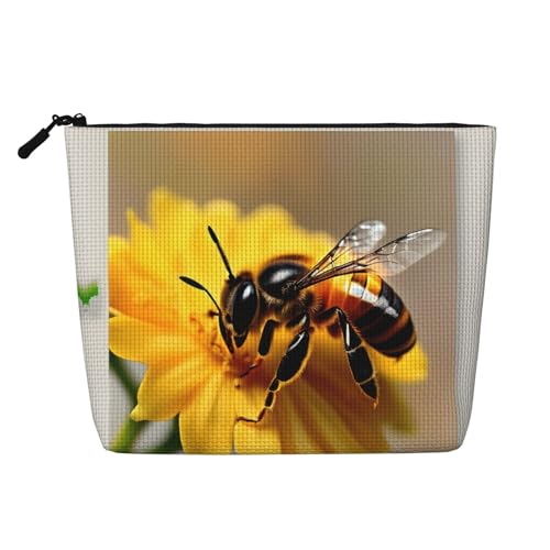 Vielseitige Reisetasche mit Bienen- und Blumenmotiv, Make-up-Tasche, großes Fassungsvermögen, Kosmetiktasche, Reißverschluss-Tasche, Kulturbeutel, Schwarz , Einheitsgröße, Kulturbeutel von SDEGTHO