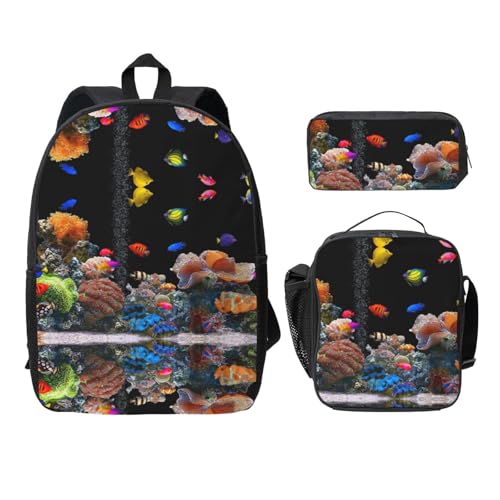 SDFCUMDM Aquarium Print Schulranzen + Federmäppchen + Lunchtasche Kombination für den täglichen Gebrauch, Schwarz , Einheitsgröße von SDFCUMDM