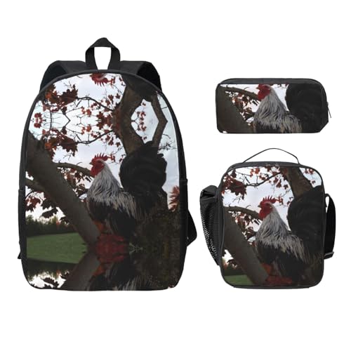 SDFCUMDM Backyard Chickens Print Schultasche + Federmäppchen + Lunchtasche Kombination für den täglichen Gebrauch, Schwarz , Einheitsgröße von SDFCUMDM