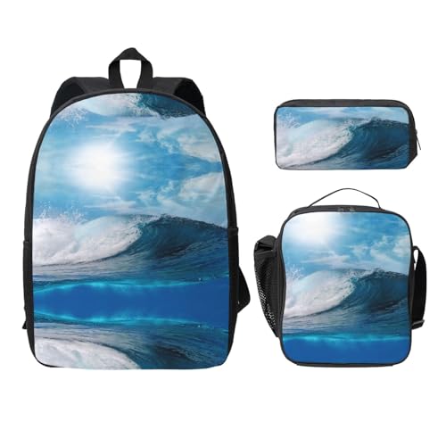 SDFCUMDM Blue Ocaen Seascape Print Schulranzen + Federmäppchen + Lunchtasche Kombination für den täglichen Gebrauch, Schwarz , Einheitsgröße von SDFCUMDM