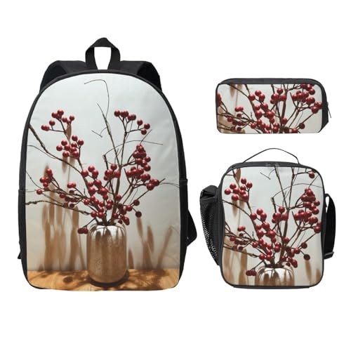 SDFCUMDM Bunch of Berries Print Schulranzen + Federmäppchen + Lunchtasche Kombination für den täglichen Gebrauch, Schwarz , Einheitsgröße von SDFCUMDM