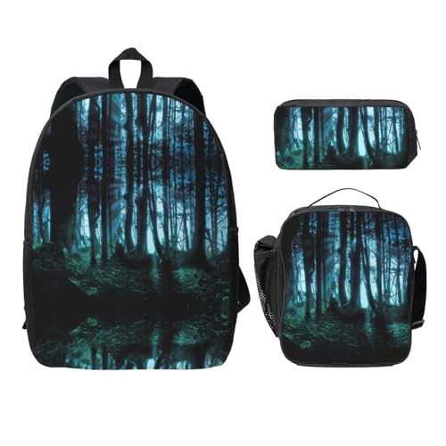 SDFCUMDM Ghost Hid Behind The Trees Print Schulranzen + Federmäppchen + Lunchtasche Kombination für den täglichen Gebrauch, Schwarz , Einheitsgröße von SDFCUMDM