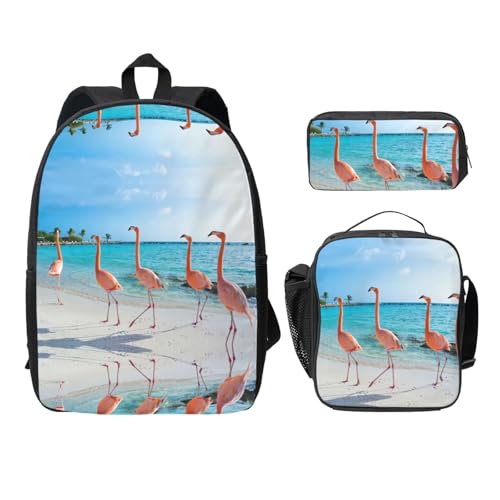 SDFCUMDM Rosa Flamingo am Strand Druck Schulranzen + Federmäppchen + Lunchtasche Kombination für den täglichen Gebrauch, Schwarz , Einheitsgröße von SDFCUMDM