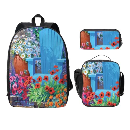 SDFCUMDM Schulranzen + Federmäppchen + Lunchtasche mit Gartenblumendruck Kombination für den täglichen Gebrauch, Schwarz , Einheitsgröße von SDFCUMDM