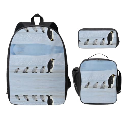 SDFCUMDM Schulranzen mit fünf Pinguinen Aufdruck + Federmäppchen + Lunchtasche Kombination für den täglichen Gebrauch, Schwarz , Einheitsgröße von SDFCUMDM