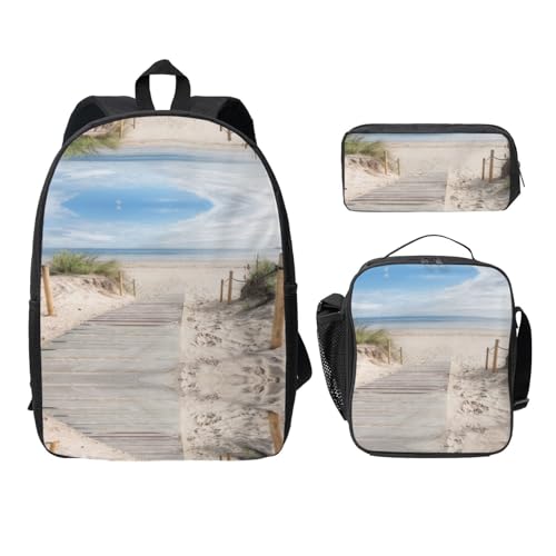 SDFCUMDM Strandlandschaft Druck Schultasche + Federmäppchen + Lunchtasche Kombination für den täglichen Gebrauch, Schwarz , Einheitsgröße von SDFCUMDM