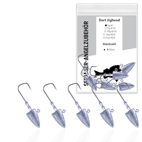 SEEJÄGER® Jigköpfe für Gummifische 5 Stück 5g|7g|10g|14g|21g| Jighaken mit Bleikopf Jigkopf Jighead Gummifische Haken Angelhaken Dartjigs (5g) von SEEJÄGER