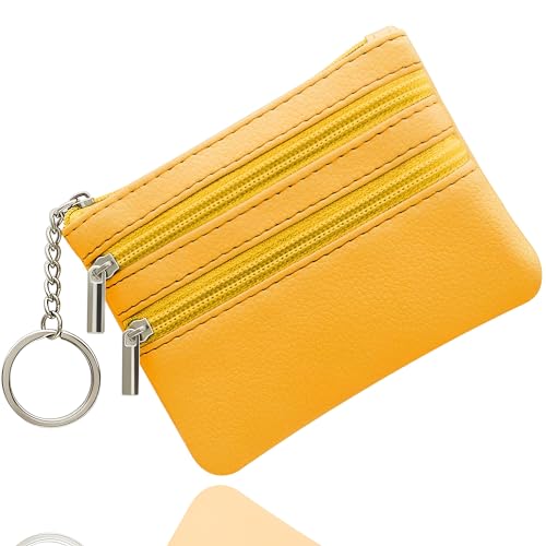 Münzgeldbörse, Klein Münzbörse, Leder Geldbörse Kreditkartenbörse mit DREI Fächern, Reißverschluss, Schlüsselanhänger, Klein Geldbeutel Business Card Mini Wallet für Damen(Gelb) Münzgeldbörse, Klein Münzbörse, Leder Geldbörse Kreditkartenbörse mit DREI Fächern, Reißverschluss, Schlüsselanhänger, Klein Geldbeutel Business Card Mini Wallet für Damen(Gelb) von SENLINLU