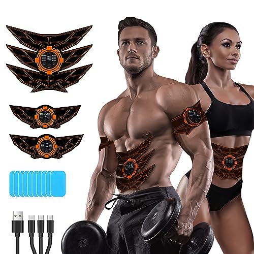 SEVEKO EMS Bauchmuskeltrainer Bauchtrainer, Bauchmuskeltrainer, Sicher Effektiv Schneller EMS Trainingsgerät, Ganzkörper-Muskeltrainer, 8 Modi und 15 Intensitäten, 10 Stück Ersatz-Hydrogels (Orange) von SEVEKO