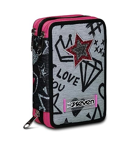 Seven Federmäppchen, Mäppchen, Mehrfarbig, Federtasche für Schreibwaren, Etui komplett mit Bleistiften, Filzstiften, Schulmaterial, mit 3 Fächern, Mädchen, Schule - Grundschule, XXL Love rosa grau Seven Federmäppchen, Mäppchen, Mehrfarbig, Federtasche für Schreibwaren, Etui komplett mit Bleistiften, Filzstiften, Schulmaterial, mit 3 Fächern, Mädchen, Schule - Grundschule, XXL Love rosa grau von Seven