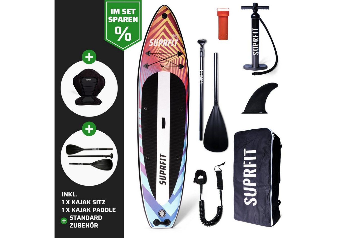 SF SUPRFIT Inflatable SUP-Board SUP Board Set Optical inkl. Sitz und Kajak Paddle, Touring, (Spar-Set, mit Kayak Sitz und 4-teiligem Paddel), Stand Up Paddling Set mit Kayak Sitz und 4-teiliges Paddel von SF SUPRFIT