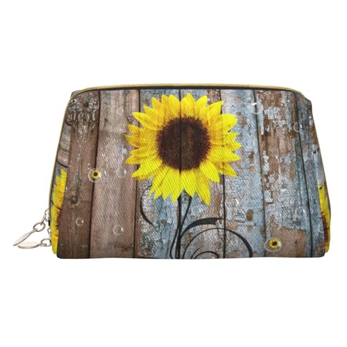 Kosmetiktasche aus Leder, Motiv: Sonnenblume auf altem Holz, für Reisen, tragbare Kulturbeutel, Kosmetiktasche für Damen und Herren, weiß, Einheitsgröße von SGZLZBWK