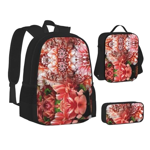 Schultasche mit Pfingstrosenblumen, bedruckt, Federmäppchen-Set, Kombination für Schule, Camping, Reisen, Schwarz , Einheitsgröße von SGZLZBWK