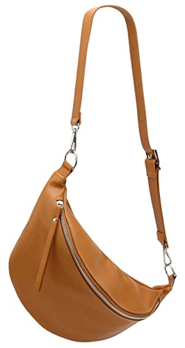 SH Leder echt Leder Damen Unisex Brusttasche für Festival Reise mittelgross Hüfttasche Crossbody Bag Verstellbarer welchsellbar Schultergurt Frauen Ledertasche 37x21cm Greta G747 (Hell Cognac) von SH Leder