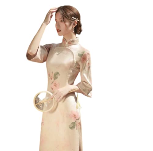 Cheongsam Langen Ärmeln Für Damen - Rosa Chinesischer Stil Traditionelle Cheongsam Frauen Frühling Herbst Vintage Langarm Stand Kragen Qipao Kleid, Beige, L von SHACE