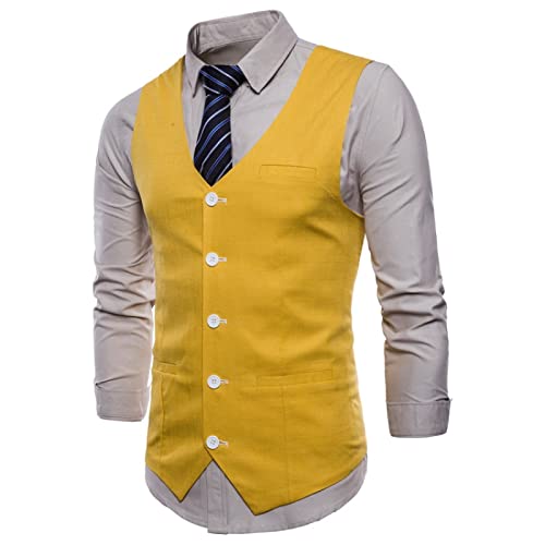 SHACE Herren Anzugweste - Herren V-Ausschnitt Mode Lässig Hochwertiges Leinen Einreiher Business Weste Hochzeit Groomsmen Weste Mit Taschen,Gelb,L SHACE Herren Anzugweste - Herren V-Ausschnitt Mode Lässig Hochwertiges Leinen Einreiher Business Weste Hochzeit Groomsmen Weste Mit Taschen,Gelb,L von SHACE