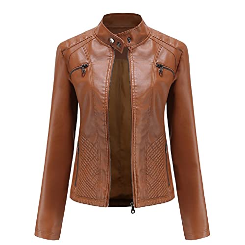 SHADIOA 2021 Lederjacke Damen Reißverschlüsse Frühling Herbst Damen PU Lederjacke Schlank Motor Biker Mantel Weibliche Übergroße,Camel,3XL von SHADIOA