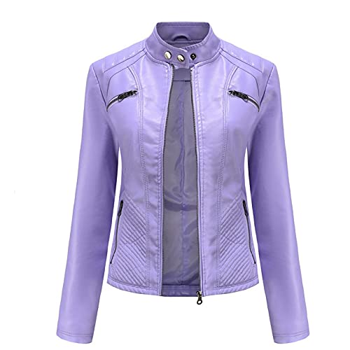 SHADIOA 2021 Lederjacke Damen Reißverschlüsse Frühling Herbst Damen PU Lederjacke Schlank Motor Biker Mantel Weibliche Übergroße,Lila,L von SHADIOA