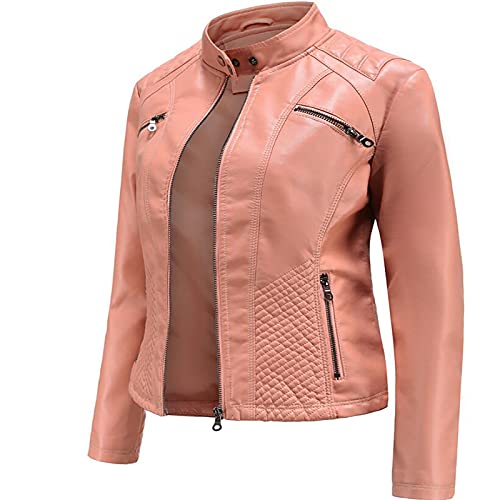 SHADIOA 2021 Lederjacke Damen Reißverschlüsse Frühling Herbst Damen PU Lederjacke Schlank Motor Biker Mantel Weibliche Übergroße,Rosa,L von SHADIOA