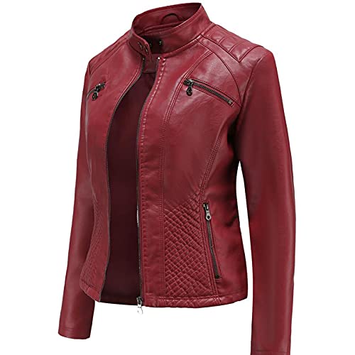 SHADIOA 2021 Lederjacke Damen Reißverschlüsse Frühling Herbst Damen PU Lederjacke Schlank Motor Biker Mantel Weibliche Übergroße,Rot,3XL von SHADIOA