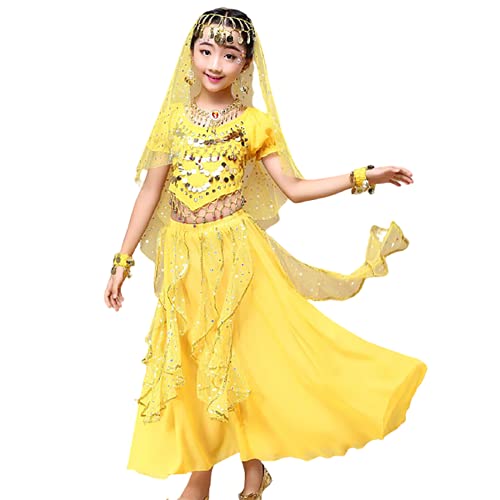 SHADIOA Bollywood indische Kinder, 5-teiliges Set Mädchen Bollywood Bauchtanzkleid Kinder Karneval Kostüm,Gelb,S von SHADIOA