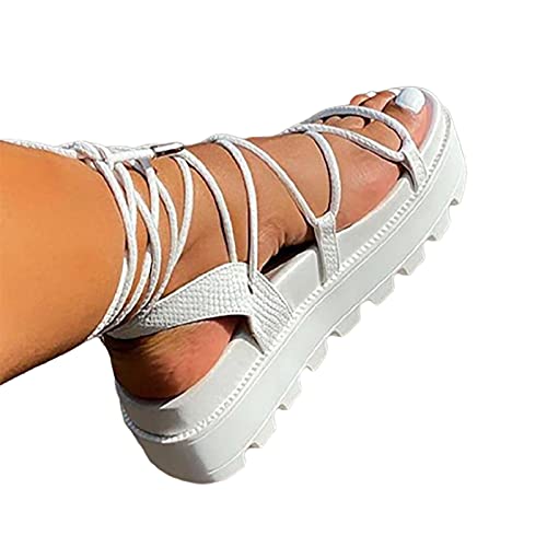 SHADIOA Damen Sandalen, Wedges Damen Plattform Schuhe Open Toe Strandschuhe Roman Ankle Wrap Damen Casual Schnürsandalen,Weiß,37 von SHADIOA
