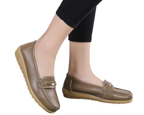 SHADIOA Frauen Wohnungen Echte Lederschuhe, Frühling Herbst Frauen Slipper Wohnungen Mokassins Schuhe Weiblich Lässig Damen Schuhwaren,Khaki,42 von SHADIOA