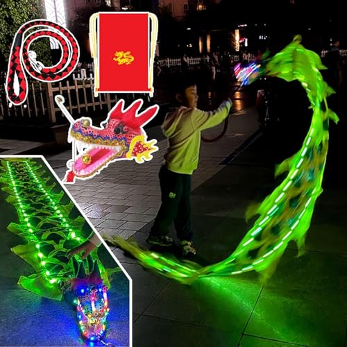 SHAIRMB Jonglierdrachen-Streamer, Led-Drachen-Flow-Streamer Mit Kopf, Drachen-Tanzband Mit Schuppen, Outdoor-Sport-Fitness Wu Long-Jonglage Mit Schwungseil,Grün,10m von SHAIRMB