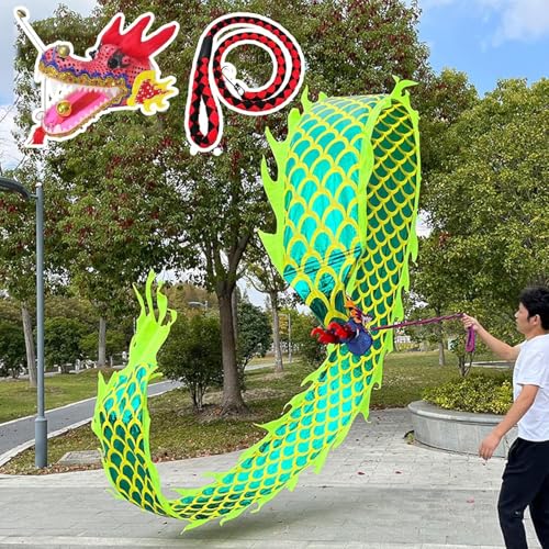 SHAIRMB JongliertüCher, Led-Drachen-Flow-Streamer Mit Kopf, Leuchtendes Drachen-Band Werfen, Chinesischer Drachentanz, Outdoor-Sport Fitness Wu Long Jonglieren,Grün,10m von SHAIRMB