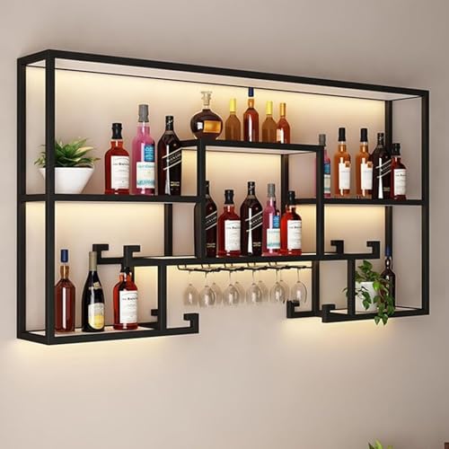 SHAIRMB Spirituosenregal, Weinregal Aus Metall Barregale, Spirituosenflaschen FüR Die Minibar Ausstellungsregal, Wandmontierte KüChenaufbewahrung Mit Weinglashalter,Black with Light,100cm von SHAIRMB