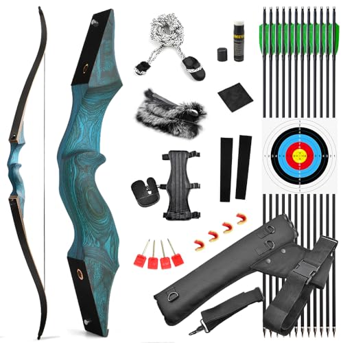 60 Zoll Bogenschießen Takedown Recurve Bogen und Pfeile Set Traditioneller Jagdbogen Erwachsener Holz Bogen Griff 20-60lbs Longbogen für Rechtshand Bogensport (25lbs, Blau Set) von SHARROW