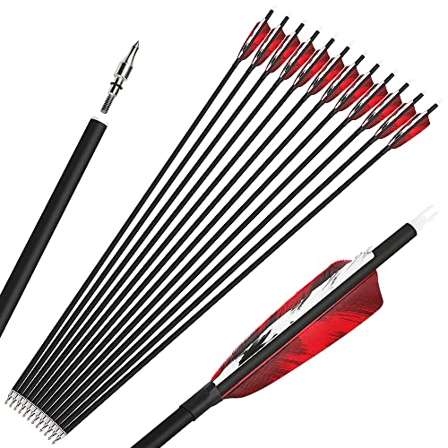 Bogenschießen Carbonpfeile Jagdpfeile 28/30/31 Zoll Bogenpfeile Spine 500 Pfeile für Bogen Fletching Natürliche Feder (12 stück/30zoll, Rot) von SHARROW