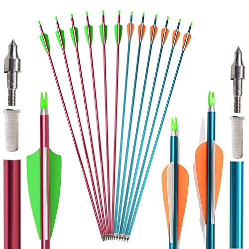 SHARROW 12 Aluminium Pfeile 32 Zoll Pfeile für Bogenschießen Spine 500 Jagd Bogen Pfeile Jagdpfeile mit Kunststoffbefiederung für Pfeil Und Bogen Recurvebogen Compoundbogen Langbogen (Rot+Blau) von SHARROW