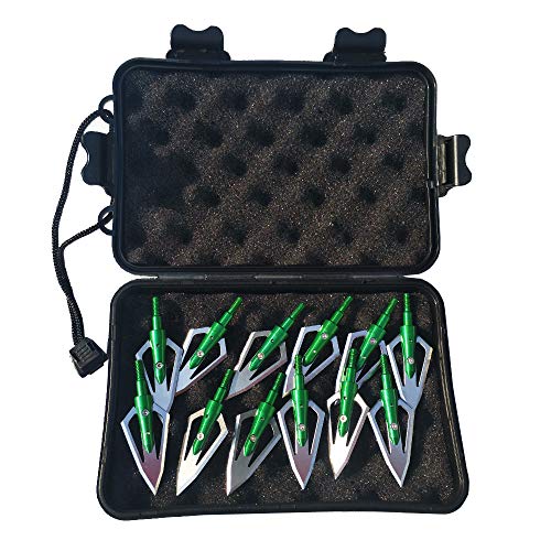 SHARROW 12pcs Pfeilspitzen Jagdspitzen 2 Klingen 100 Grains mit Broadhead Box für Armbrustbolzen Carbonpfeile (Grün) von SHARROW