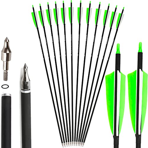 SHARROW 32 Zoll Carbon Pfeile für Bogenschießen Spine 500 Carbonpfeile Jagd Bogen Pfeile Jagdpfeile mit 4 Zoll Natürliche Federn für Pfeil Und Bogen Recurvebogen Compoundbogen (12P, Grün) von SHARROW