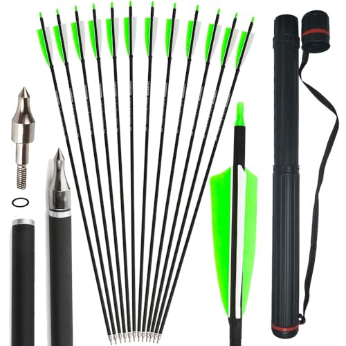 SHARROW 32 Zoll Carbon Pfeile für Bogenschießen Spine 500 Kohlenstoffpfeil Jagd Bogen Pfeile Jagdpfeile mit 4 Zoll Natürliche Federn für Pfeil Und Bogen Recurvebogen Compoundbogen (24P, 1Köcher+Grün) SHARROW 32 Zoll Carbon Pfeile für Bogenschießen Spine 500 Kohlenstoffpfeil Jagd Bogen Pfeile Jagdpfeile mit 4 Zoll Natürliche Federn für Pfeil Und Bogen Recurvebogen Compoundbogen (24P, 1Köcher+Grün) von SHARROW