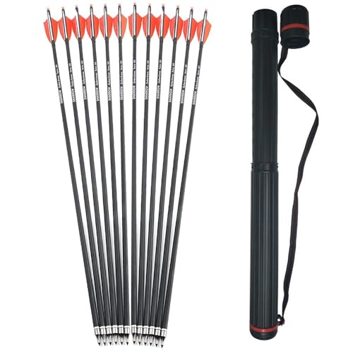 SHARROW 32 Zoll Carbon Pfeile für Bogenschießen Spine 500 Kohlenstoffpfeil Jagd Bogen Pfeile Jagdpfeile mit 4Zoll Natürliche Federn für Pfeil Und Bogen Recurvebogen Compoundbogen (1Köcher+Orange, 12P) von SHARROW