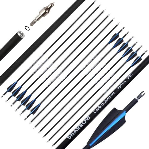 SHARROW 32 Zoll Carbonpfeile für Bogenschießen Spine 500 Carbon Pfeile Carbon Jagdpfeile mit 3 Zoll Gummifedern Pfeile für Jagdbogen Bogen Pfeil Recurvebogen Compoundbogen (12 pcs, Blau) von SHARROW